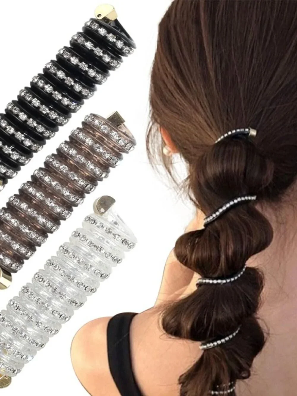 3pcs Glitter Rhinestone Spiral Hair Ties No Damage Bubble Braid Ponytail Holders